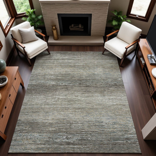 HomeRoots 9' X 12' Stylish Taupe Gray & Silver Striped Washable Area Rug with Non-Slip Backing & UV Protection 692648