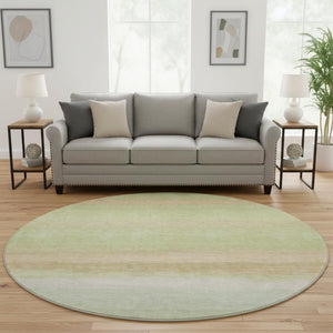 HomeRoots 8' X 8' Artichoke Green Ivory Striped Washable Round Rug with UV Protection for Family Spaces 692652