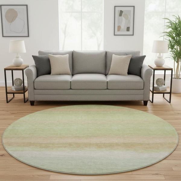 HomeRoots 8' X 8' Artichoke Green Ivory Striped Washable Round Rug with UV Protection for Family Spaces 692652