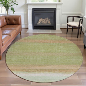 HomeRoots 8' X 8' Artichoke Green Ivory Striped Washable Round Rug with UV Protection for Family Spaces 692652
