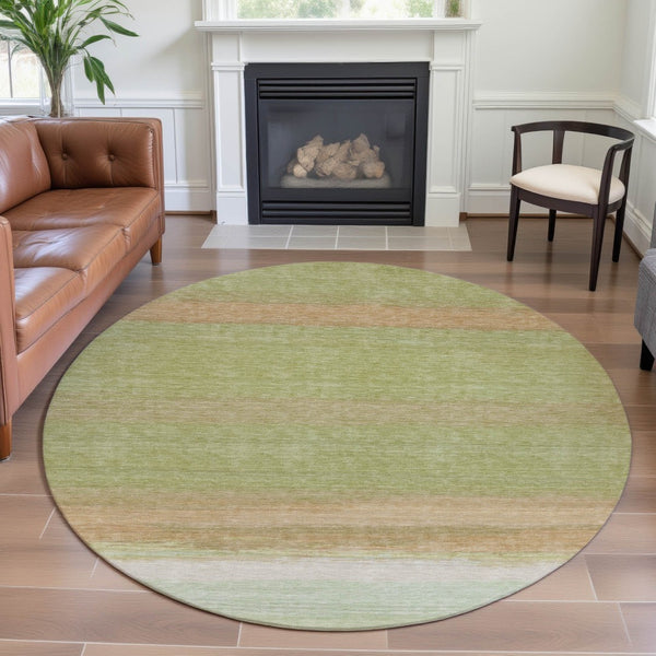 HomeRoots 8' X 8' Artichoke Green Ivory Striped Washable Round Rug with UV Protection for Family Spaces 692652