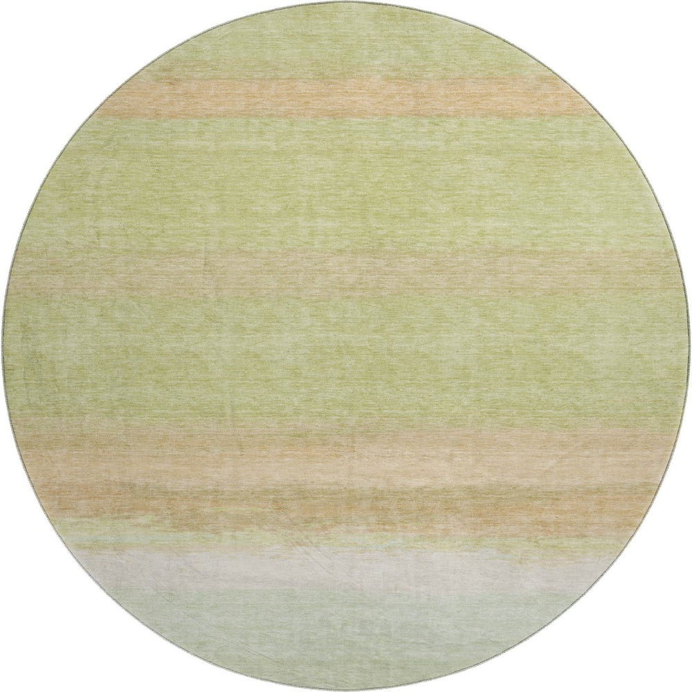 HomeRoots 8' X 8' Artichoke Green Ivory Striped Washable Round Rug with UV Protection for Family Spaces 692652
