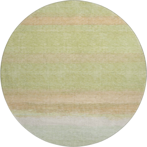 HomeRoots 8' X 8' Artichoke Green Ivory Striped Washable Round Rug with UV Protection for Family Spaces 692652