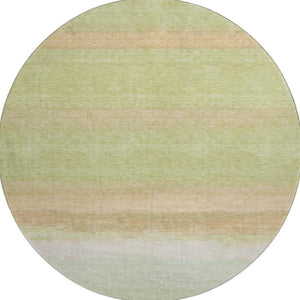 HomeRoots 8' X 8' Artichoke Green Ivory Striped Washable Round Rug with UV Protection for Family Spaces 692652