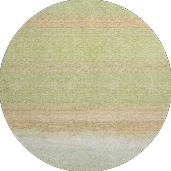 HomeRoots 8' X 8' Artichoke Green Ivory Striped Washable Round Rug with UV Protection for Family Spaces 692652