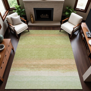 HomeRoots 9' X 12' Stylish Artichoke Green Striped Washable Area Rug with UV Protection for Homes & Pets 692654