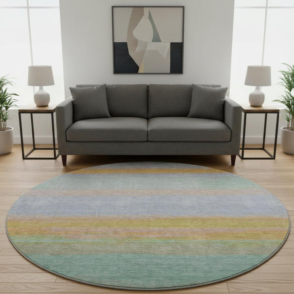 HomeRoots 8' X 8' Striped Round Rug in Lavender, Orange & Teal - Washable, UV Protected, Durable for Any Space! 692658