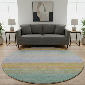 HomeRoots 8' X 8' Striped Round Rug in Lavender, Orange & Teal - Washable, UV Protected, Durable for Any Space! 692658