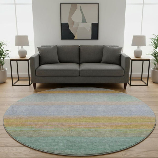 HomeRoots 8' X 8' Striped Round Rug in Lavender, Orange & Teal - Washable, UV Protected, Durable for Any Space! 692658