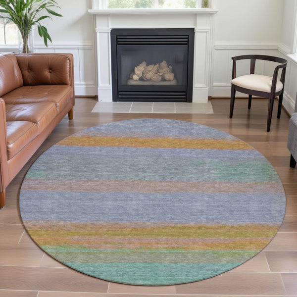 HomeRoots 8' X 8' Striped Round Rug in Lavender, Orange & Teal - Washable, UV Protected, Durable for Any Space! 692658
