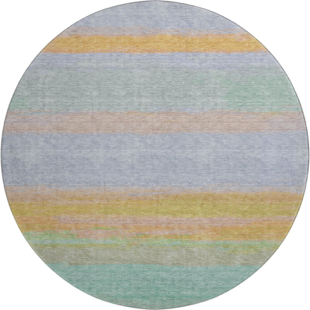 HomeRoots 8' X 8' Striped Round Rug in Lavender, Orange & Teal - Washable, UV Protected, Durable for Any Space! 692658