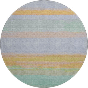 HomeRoots 8' X 8' Striped Round Rug in Lavender, Orange & Teal - Washable, UV Protected, Durable for Any Space! 692658