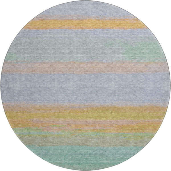 HomeRoots 8' X 8' Striped Round Rug in Lavender, Orange & Teal - Washable, UV Protected, Durable for Any Space! 692658
