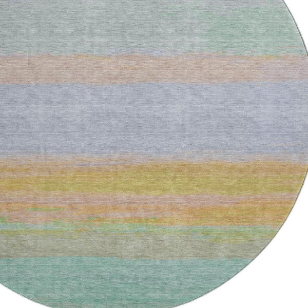 HomeRoots 8' X 8' Striped Round Rug in Lavender, Orange & Teal - Washable, UV Protected, Durable for Any Space! 692658