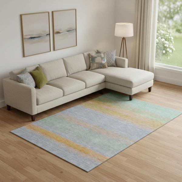 HomeRoots 10' Striped Area Rug in Lavender, Orange & Teal - Washable, UV Protected, Stain-Resistant Design! 692661