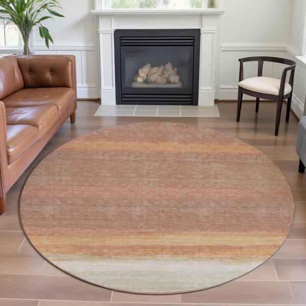 HomeRoots 8' X 8' Salmon & Ivory Striped Round Rug – Washable, UV-Protected, Kid & Pet Friendly Floor Decor 692664