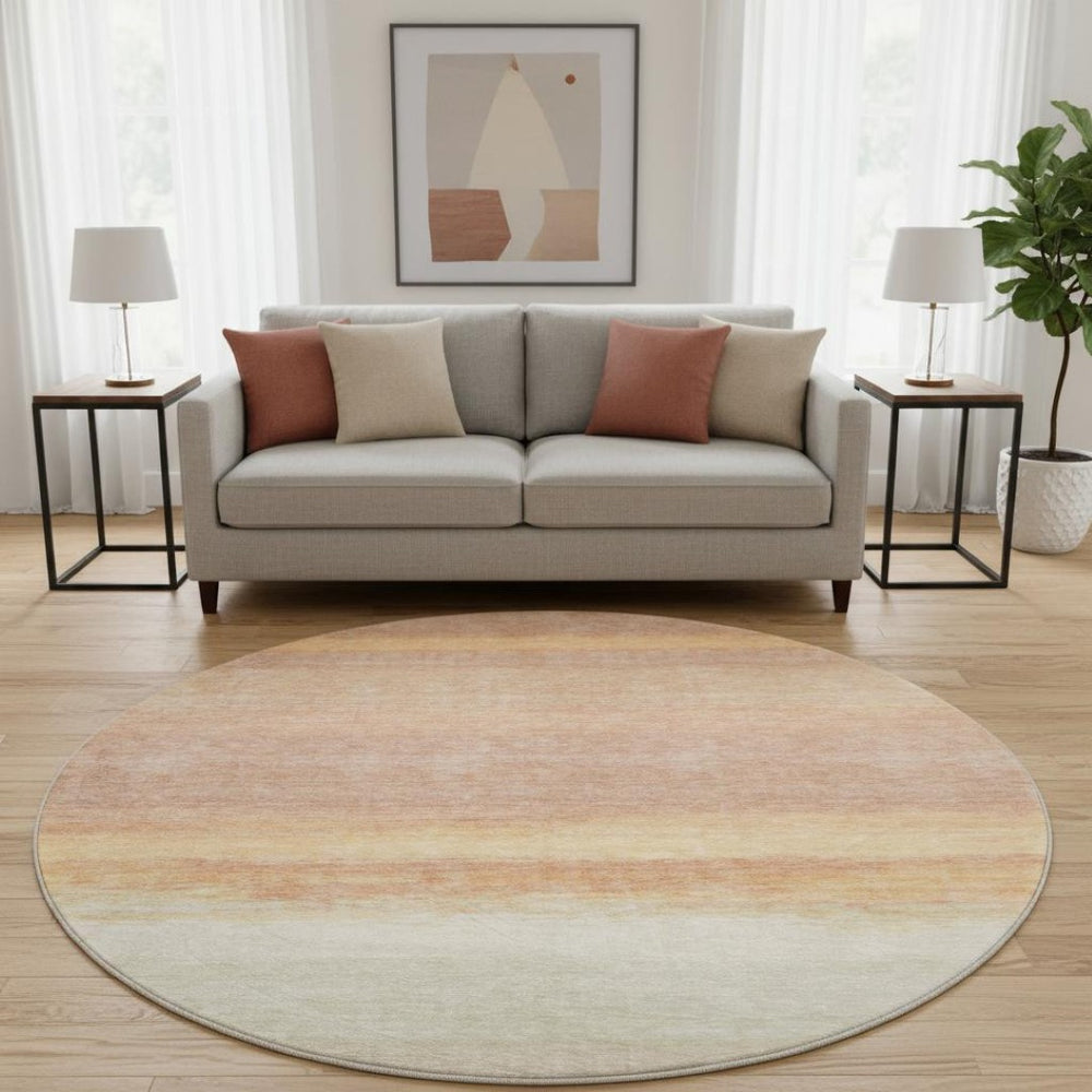 HomeRoots 8' X 8' Salmon & Ivory Striped Round Rug – Washable, UV-Protected, Kid & Pet Friendly Floor Decor 692664