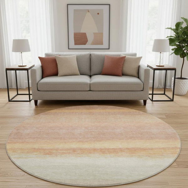 HomeRoots 8' X 8' Salmon & Ivory Striped Round Rug – Washable, UV-Protected, Kid & Pet Friendly Floor Decor 692664