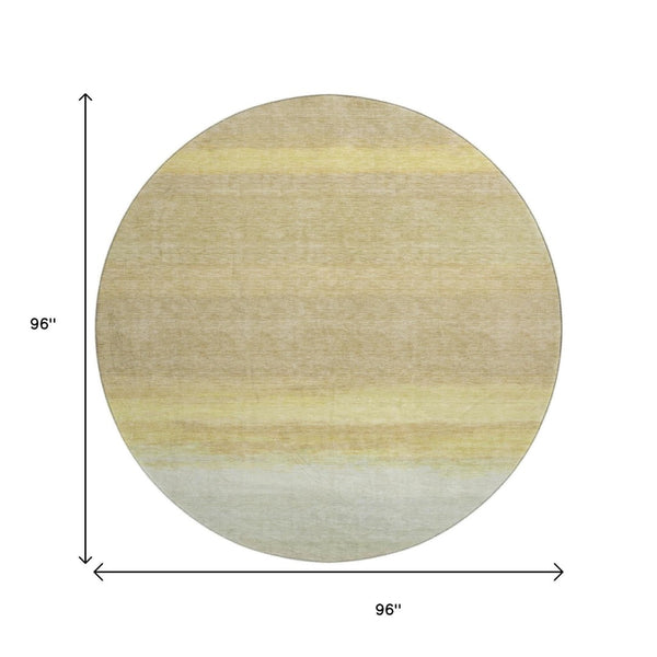 HomeRoots 8' X 8' Washable Round Rug in Striped Tan, Yellow & Beige - UV Protected, Stain Resistant, Durable Design 692670