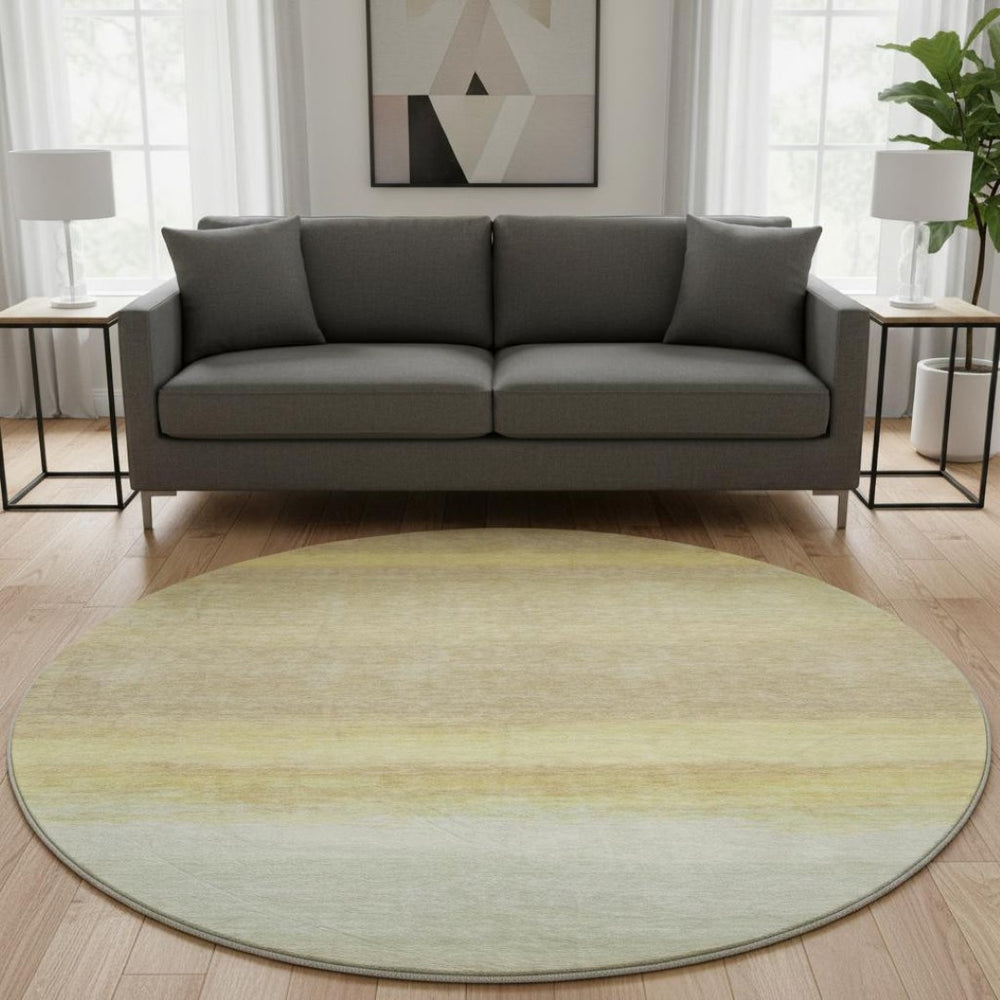 HomeRoots 8' X 8' Washable Round Rug in Striped Tan, Yellow & Beige - UV Protected, Stain Resistant, Durable Design 692670