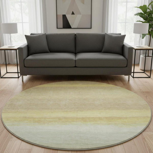 HomeRoots 8' X 8' Washable Round Rug in Striped Tan, Yellow & Beige - UV Protected, Stain Resistant, Durable Design 692670