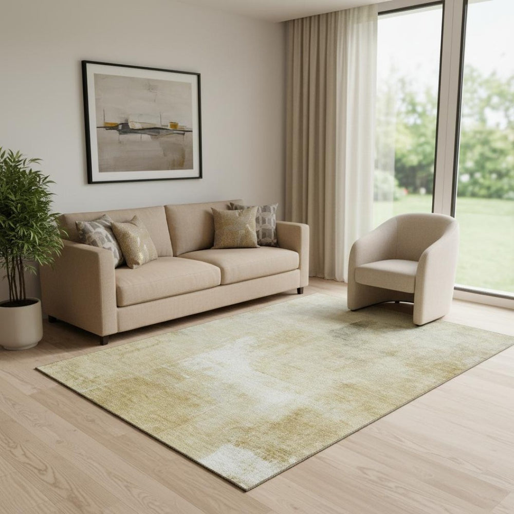 HomeRoots 5' Striped Washable Area Rug in Wheat, Ivory & Beige - UV Protected, Non-Slip, Easy-Care Design! 692675
