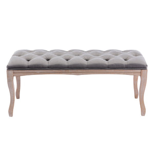 English Elm Bedroom Bench Tufted Linen Seat with Carved Distressed Wood Legs French Country Style Grey W3244P493669