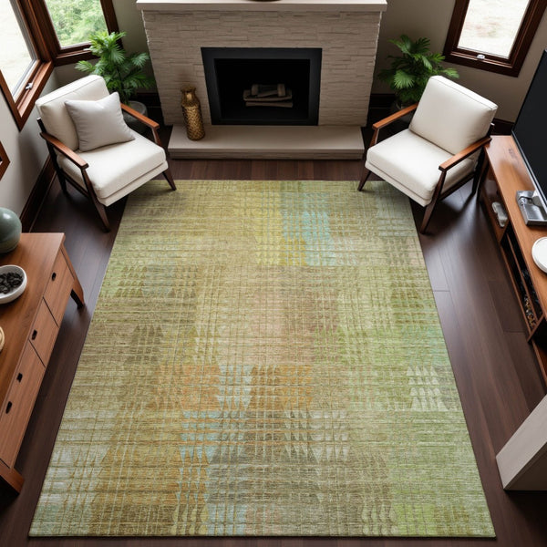 HomeRoots 5' X 8' Geometric Area Rug in Beige, Blue & Khaki - Washable, UV-Protected, Durable & Stylish Home Accent 692681