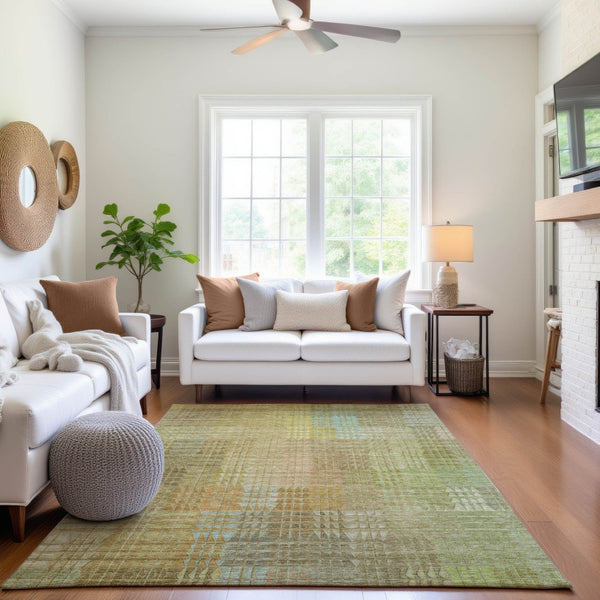HomeRoots 5' X 8' Geometric Area Rug in Beige, Blue & Khaki - Washable, UV-Protected, Durable & Stylish Home Accent 692681