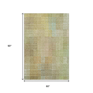 HomeRoots 5' X 8' Geometric Area Rug in Beige, Blue & Khaki - Washable, UV-Protected, Durable & Stylish Home Accent 692681