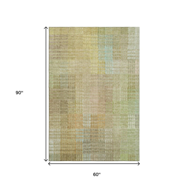 HomeRoots 5' X 8' Geometric Area Rug in Beige, Blue & Khaki - Washable, UV-Protected, Durable & Stylish Home Accent 692681