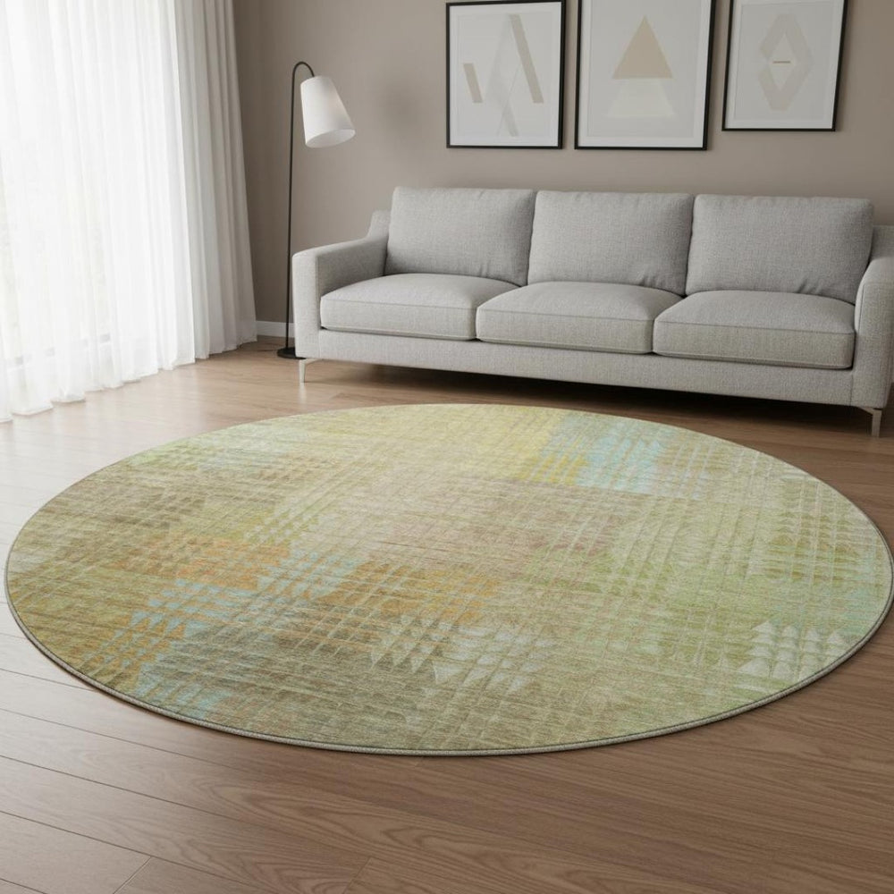 HomeRoots 8' X 8' Modern Beige, Blue & Khaki Geometric Washable Round Rug with UV Protection for High Traffic Areas 692682