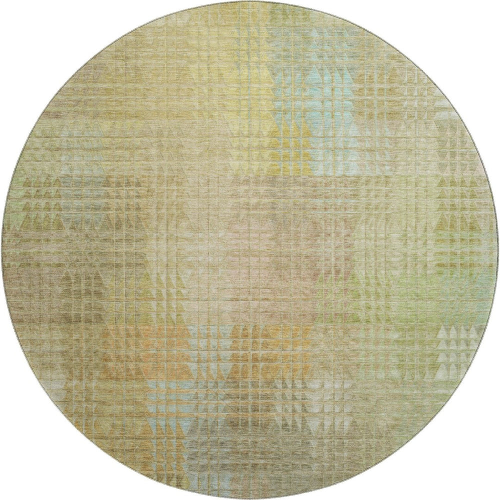 HomeRoots 8' X 8' Modern Beige, Blue & Khaki Geometric Washable Round Rug with UV Protection for High Traffic Areas 692682