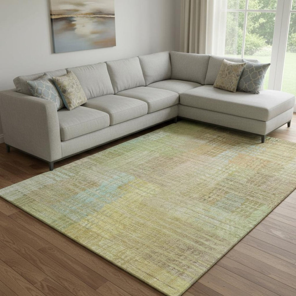 HomeRoots 8' Geometric Area Rug in Beige, Blue & Khaki - Washable, UV Protected & Perfect for High-Traffic Spaces 692683