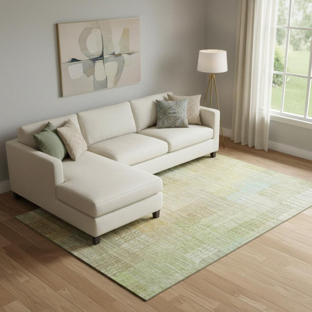 HomeRoots 10' Modern Geometric Washable Area Rug in Beige, Blue & Khaki - UV Protected for High Traffic Spaces 692685