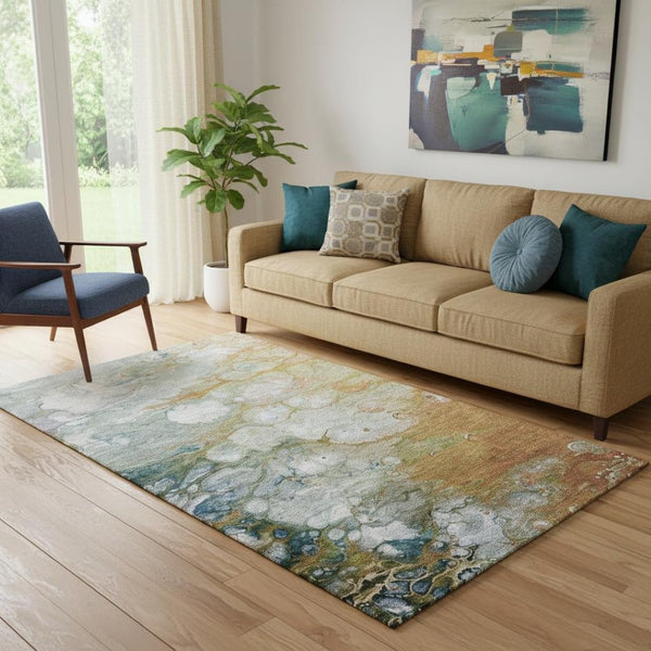 HomeRoots 5' X 8' Modern Rust Teal Gray Abstract Washable Area Rug with UV Protection for High-Traffic Spaces 692687