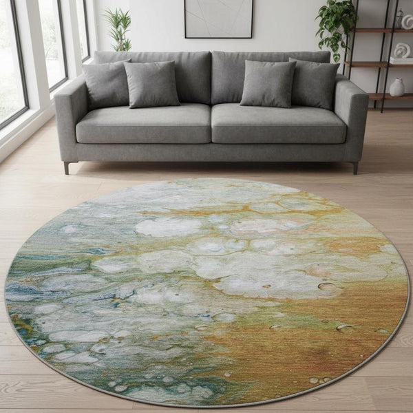 HomeRoots 8' X 8' Abstract Washable Round Rug in Rust, Teal & Gray - Durable, UV-Protected & Stylish Home Accent 692688
