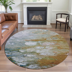 HomeRoots 8' X 8' Abstract Washable Round Rug in Rust, Teal & Gray - Durable, UV-Protected & Stylish Home Accent 692688