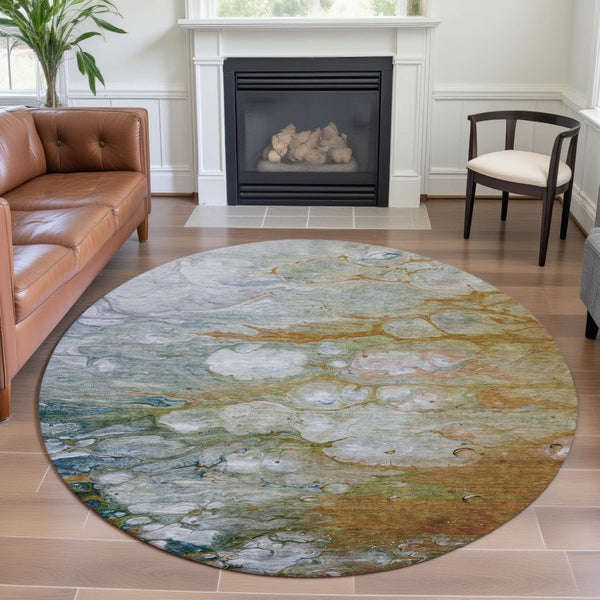 HomeRoots 8' X 8' Abstract Washable Round Rug in Rust, Teal & Gray - Durable, UV-Protected & Stylish Home Accent 692688