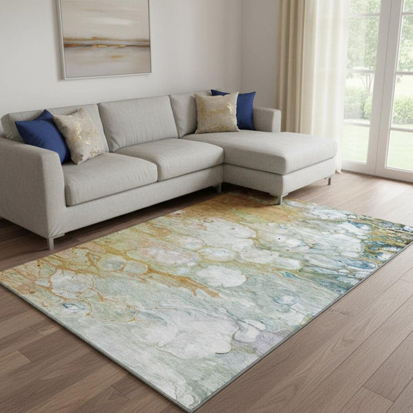 HomeRoots 8' Abstract Area Rug in Rust, Teal & Gray - Washable, UV Protected & Stain Resistant for Homes 692689