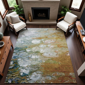 HomeRoots 10' X 14' Contemporary Abstract Area Rug in Rust, Teal & Gray - Washable, UV-Protected, Non-Slip Design 692691
