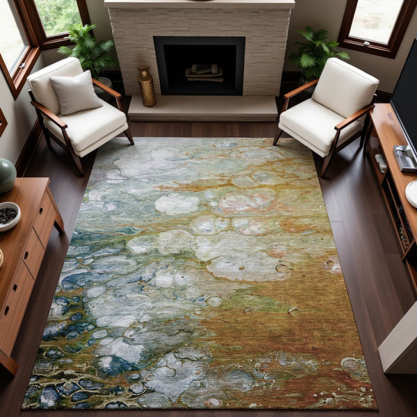 HomeRoots 10' X 14' Contemporary Abstract Area Rug in Rust, Teal & Gray - Washable, UV-Protected, Non-Slip Design 692691