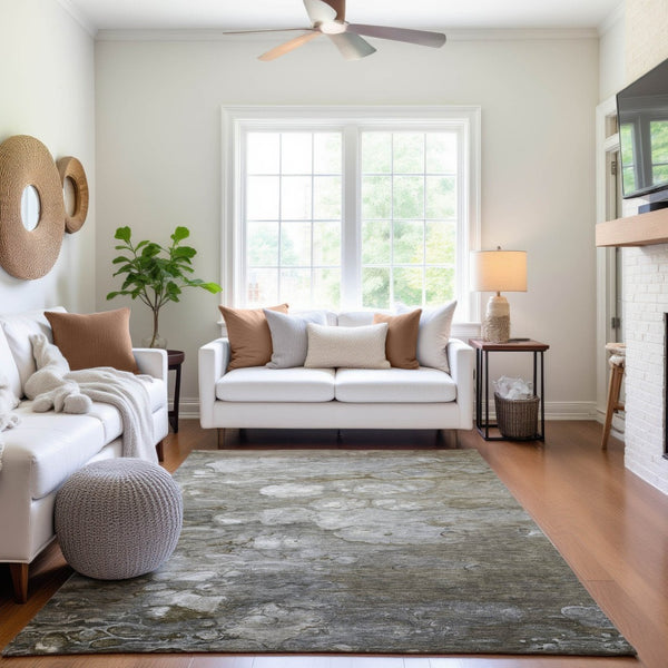 HomeRoots 5' X 8' Stylish Taupe Ivory Gray Abstract Rug - Washable, UV Protected, Stain Resistant, Non-Slip! 692693