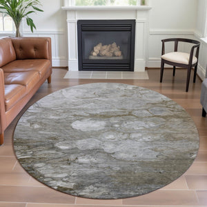 HomeRoots 8' X 8' Washable Round Rug in Taupe, Ivory & Gray - Modern Abstract Design with UV Protection! 692694