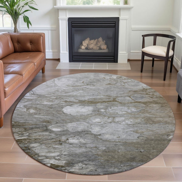HomeRoots 8' X 8' Washable Round Rug in Taupe, Ivory & Gray - Modern Abstract Design with UV Protection! 692694