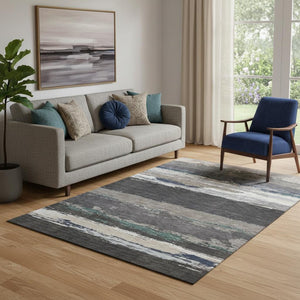 HomeRoots 5' X 8' Stylish Black Beige Blue Abstract Washable Area Rug with UV Protection for Family Living 692699