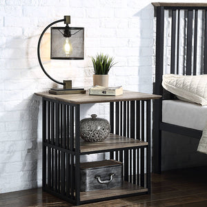 English Elm Antique Rustic Oak Nightstand with Black Slatted Metal Frame, 3-Shelf Industrial Charm for Bedroom Storage B062P209017