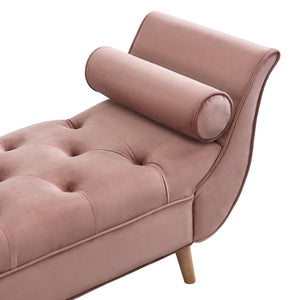 English Elm Upholstered Velvet Tufted Bench with Bolster Pillows Solid Oak Legs Bedroom Entryway Pink N761P304407H