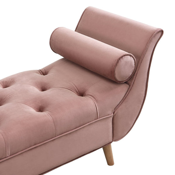 English Elm Upholstered Velvet Tufted Bench with Bolster Pillows Solid Oak Legs Bedroom Entryway Pink N761P304407H