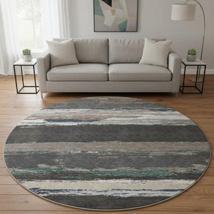 HomeRoots 8' X 8' Black Beige Blue Abstract Washable Round Rug - UV Protected, Stain Resistant, Durable Design 692700